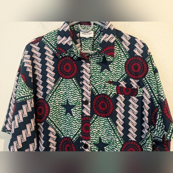 Bimba Y Lola Green Patterned Cotton Short Sleeve Button-Up Shirt Dress Artsy - Picture 7 of 12